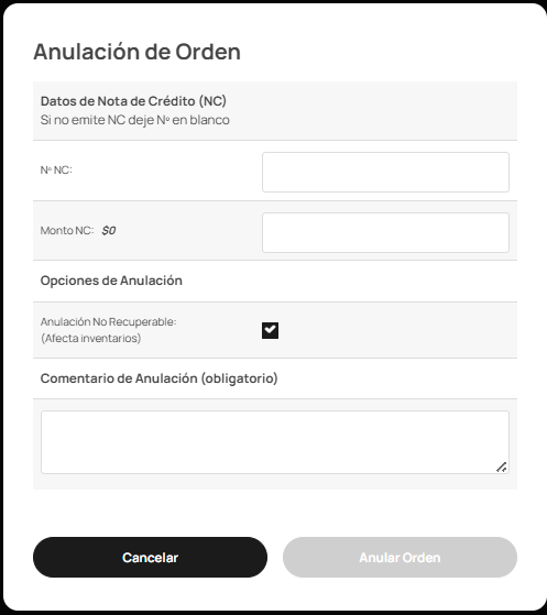 anulacion de orden toteat