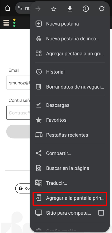opciones en pantalla de celular