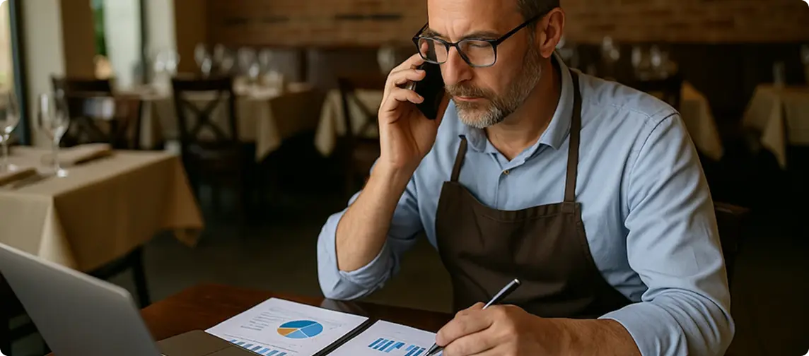 dueño de restaurante estudiando métricas