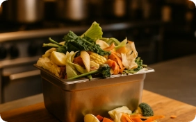 Bowl con residuos de cocina en un restaurante