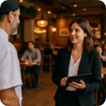 mujer gerente de restaurante con chef